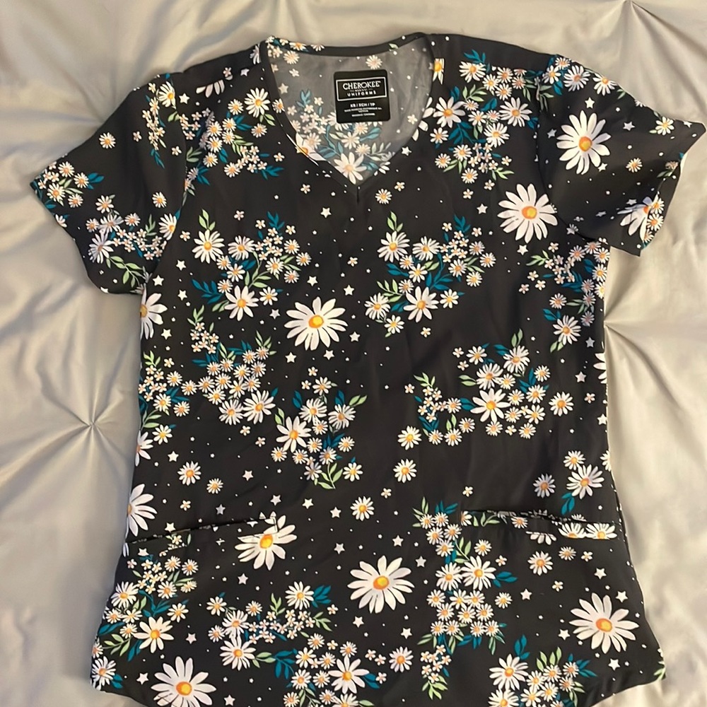 Dark gray floral XS Cherokee scrub top